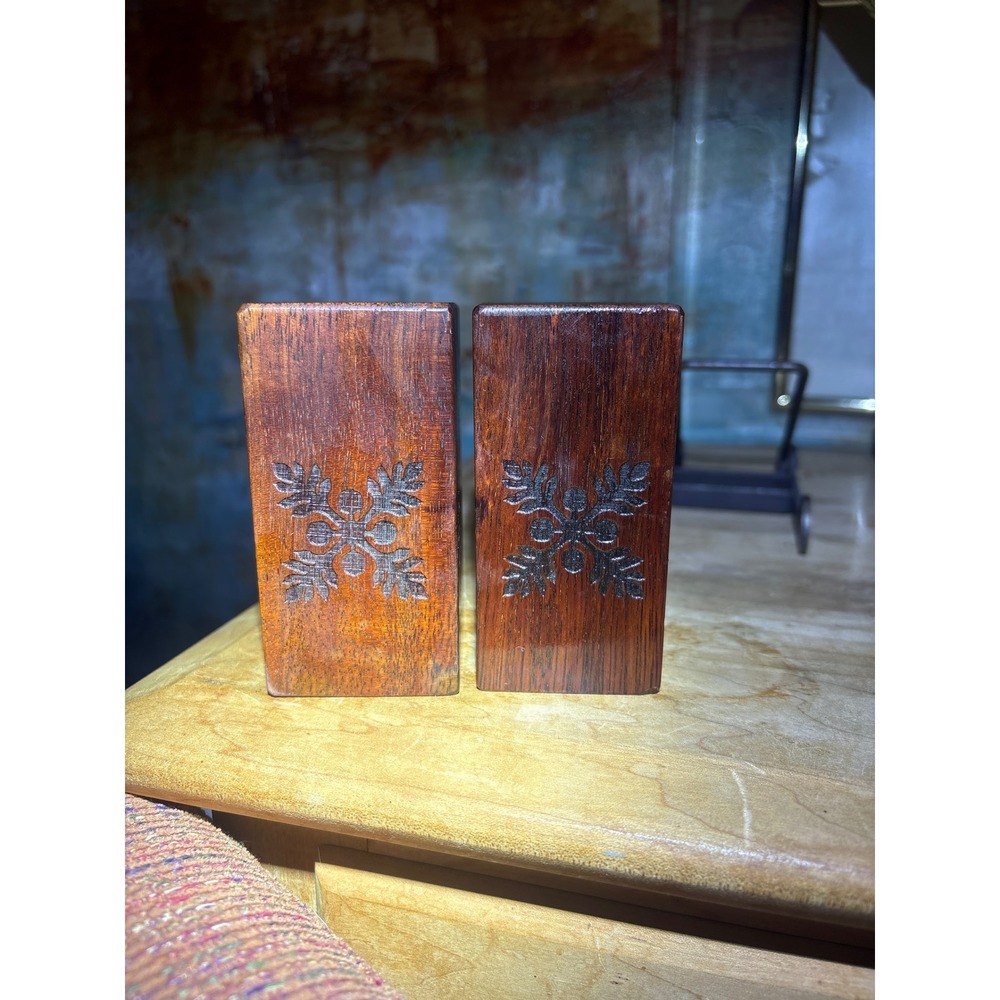 Vintage Handcrafted Wooden Salt and Pepper Shakers Etched Floral Block Set